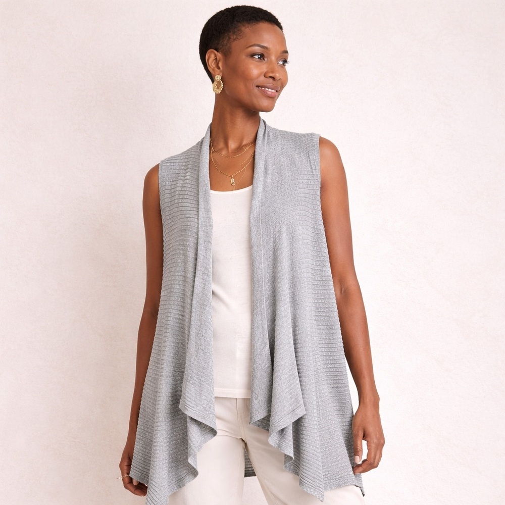 Eileen Fisher Gray Open Front Drape Cardigan Vest Lightweight Textured Knit OS